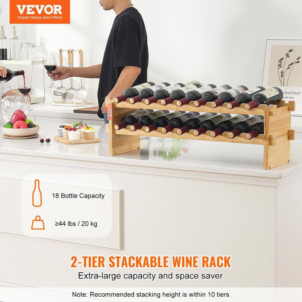 VEVOR 18-Bottle Stackable Modular Wine Rack, 2-Tier Bamboo Wood Display Shelf