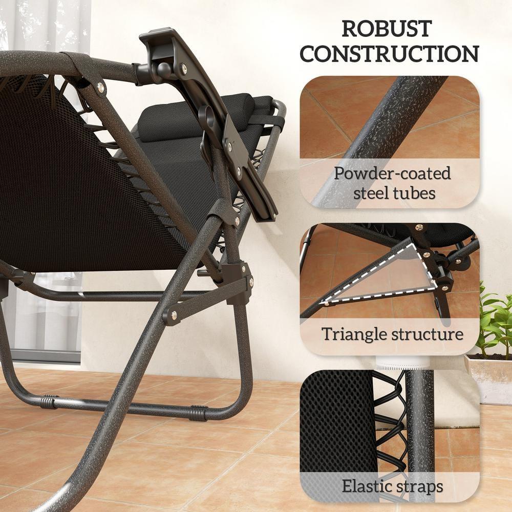 Outsunny Zero Gravity Lounge Chair Set of 2 Reclining Folding Outdoor Lounge Chairs with Cushion, Headrest, and Side Tray for Patio Beach, Black