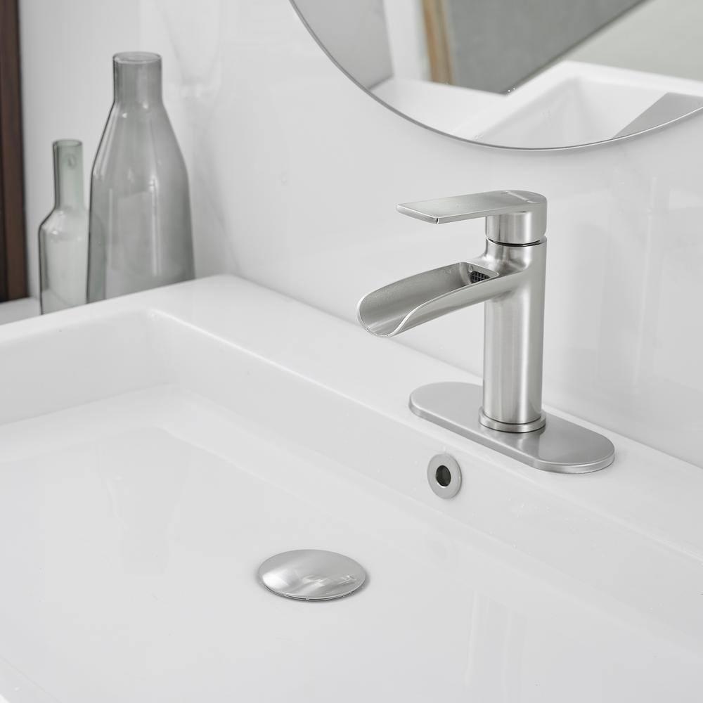 BWE Bathroom Faucets Waterfall Bathroom Faucet with Pop Up Drain for Bathroom Sink Single Hole Farmhouse RV Bathroom Basin Faucet Brushed Nickel