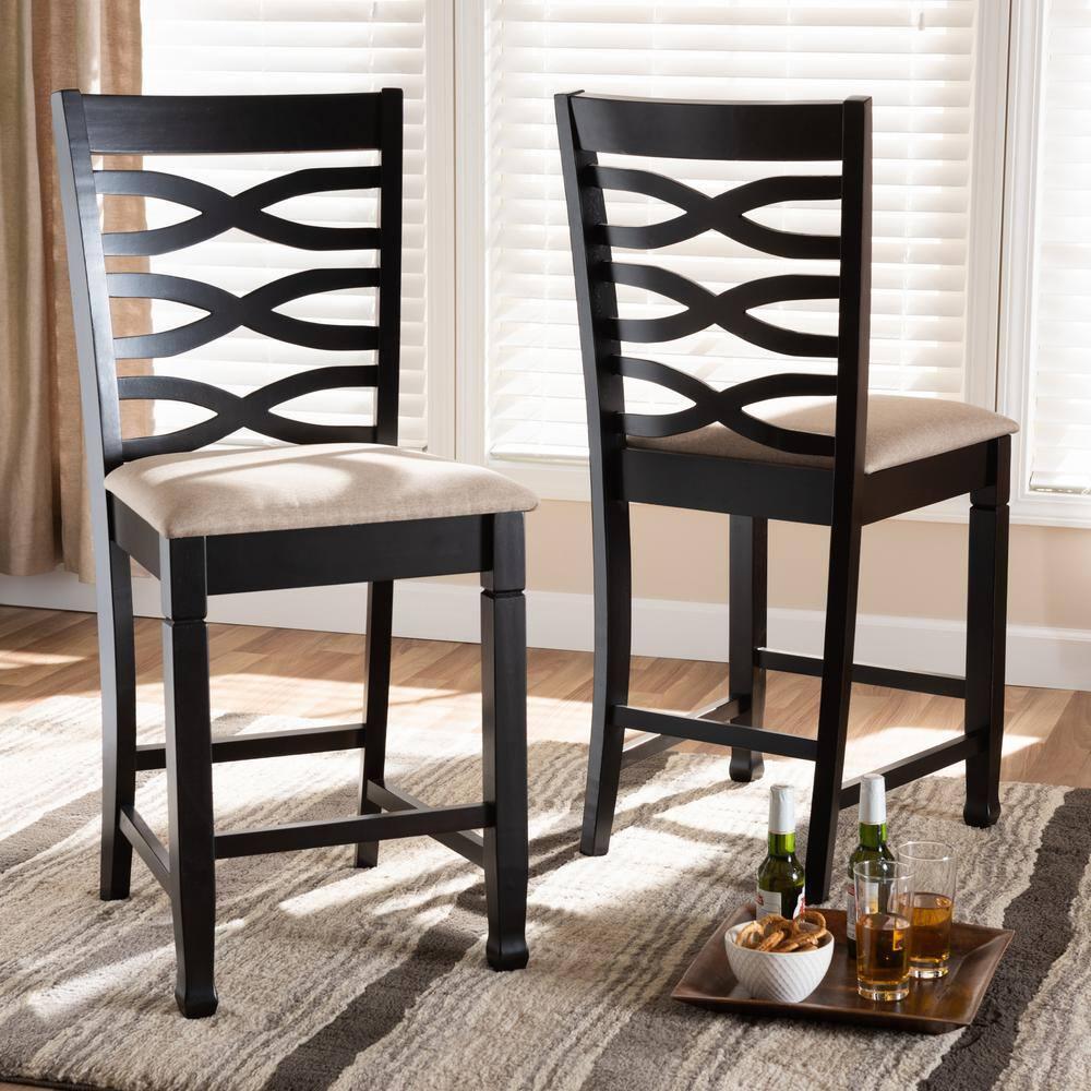 Baxton Studio Set of 2 Caron Finished Wood Counter Height Barstools Sand Brown: Rubberwood Frame, Foam Padded, Cut-Out Back Design