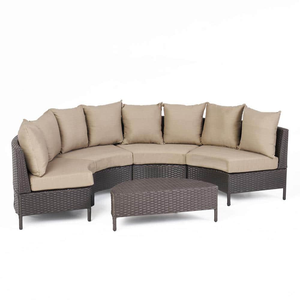 Noble House Newton 8 Seater Round Wicker Sectional Sofa Set Dark Brown/Beige