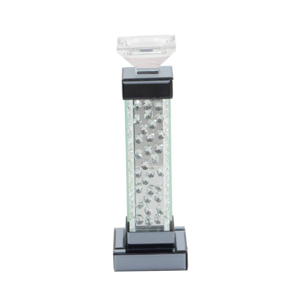 DecMode Silver Glass Pillar Candle Holder with Floating Crystals