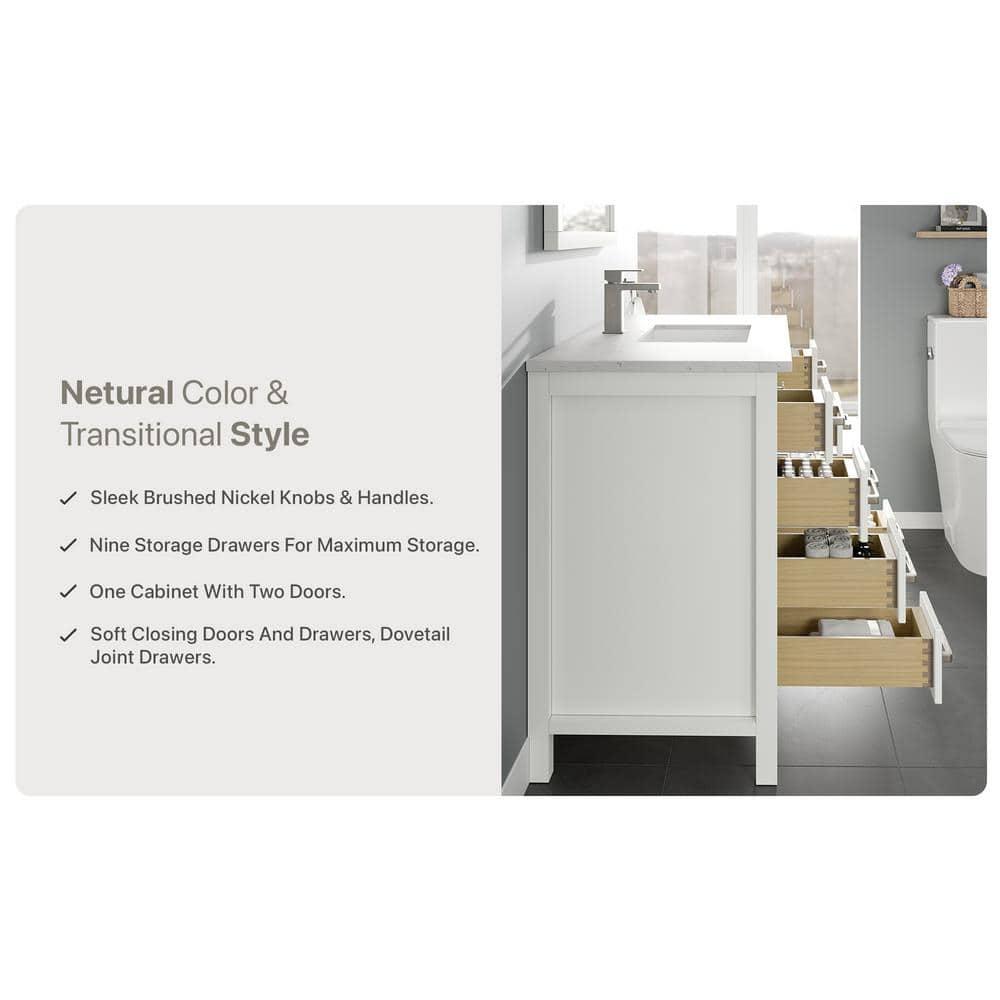 Eviva London 42"W x 18"D White Bathroom Vanity with White Carrara Quartz Countertop and Undermount Porcelain Sink