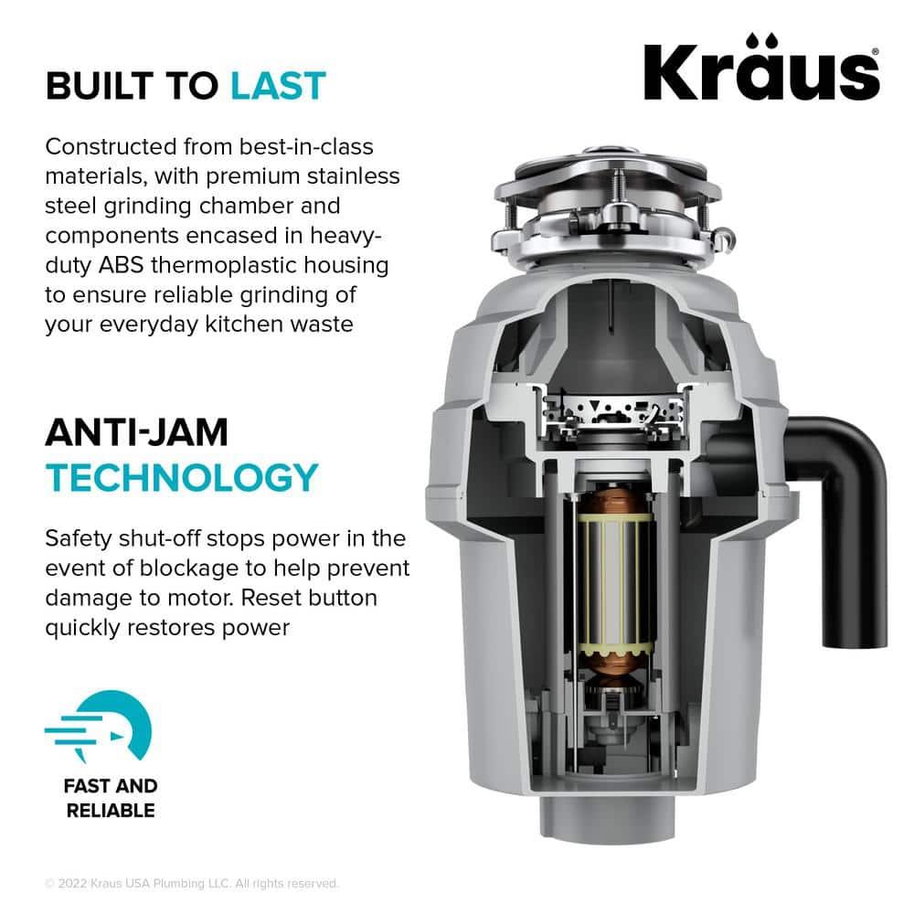 Kraus KRAUS Wasteguard High-Speed 1 HP Continuous Feed Ultra-Quiet Motor Garbage Disposal With Power Cord And Flange Included And Universal Mount, KWD200-100MGR
