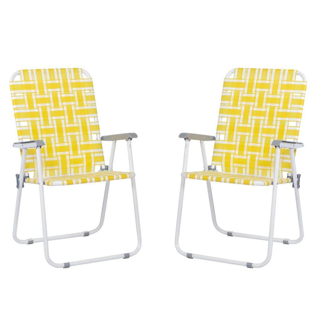 QueelQuest Patio Lawn Webbed Folding Chairs Set of 2, Outdoor Beach Portable Camping Chair for Yard, Garden Dining,Yellow