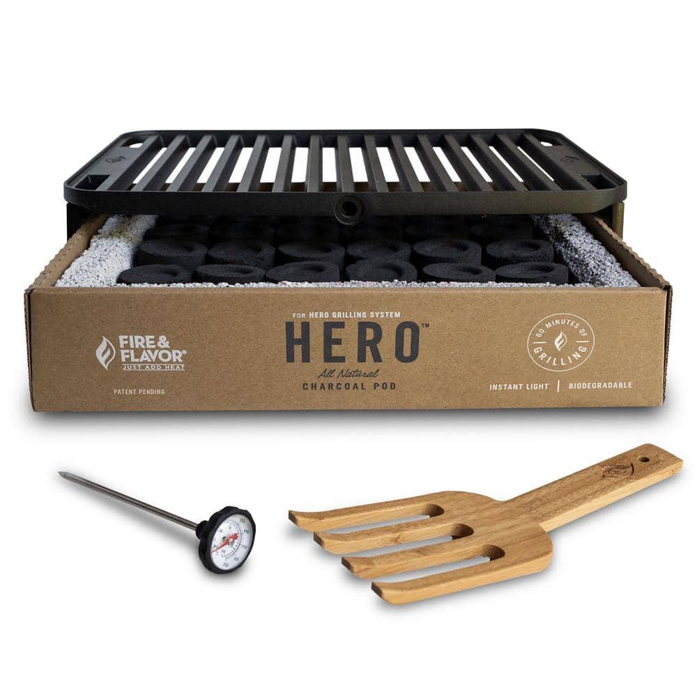 Fire & Flavor HERO Grill Kit Ultra-Portable Easy Instant Light Charcoal Grilling for Tailgating