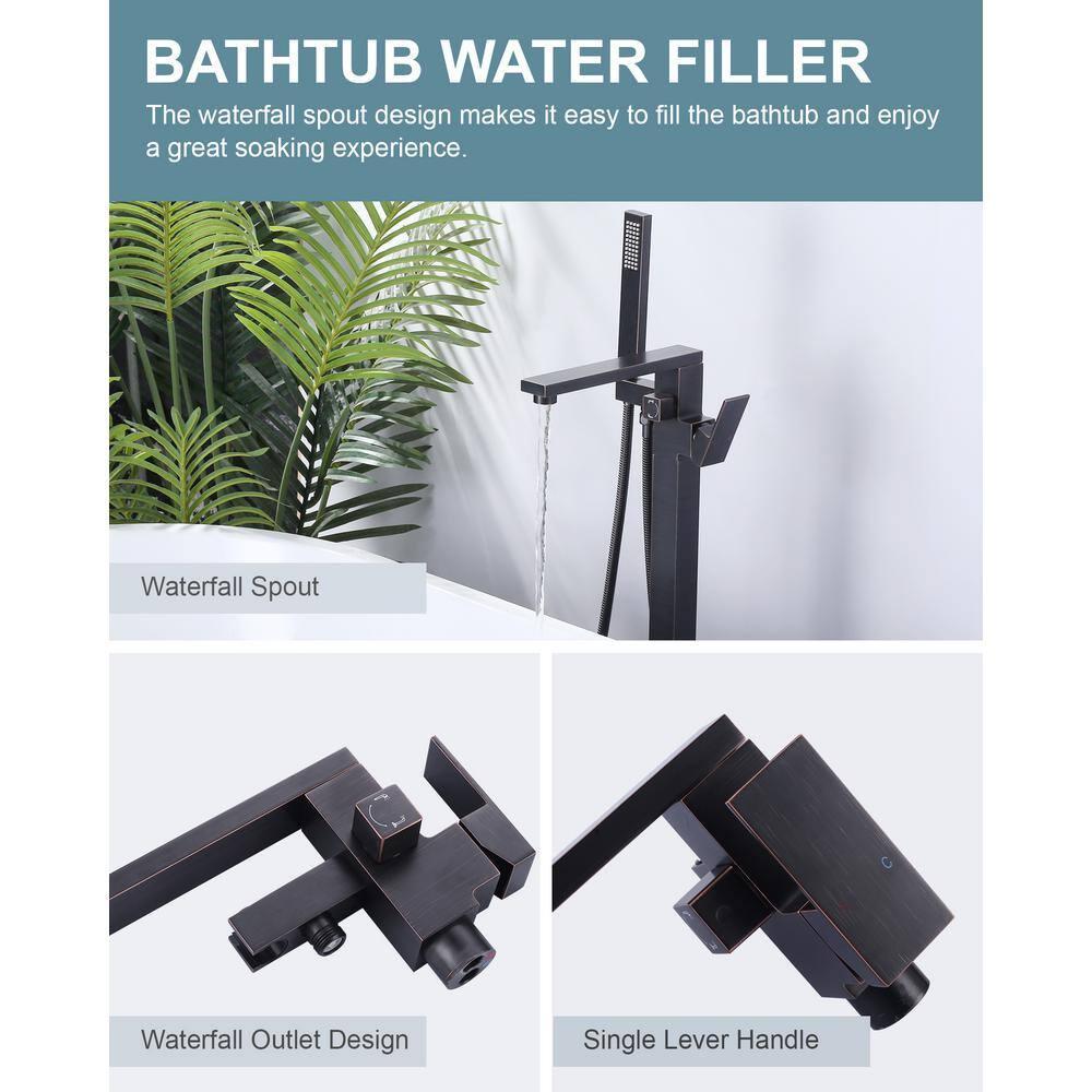 Single-Handle Floor Mount Freestanding Tub Faucet Waterfall Tub Filler with Handheld Shower in Oil Rubbed Bronze