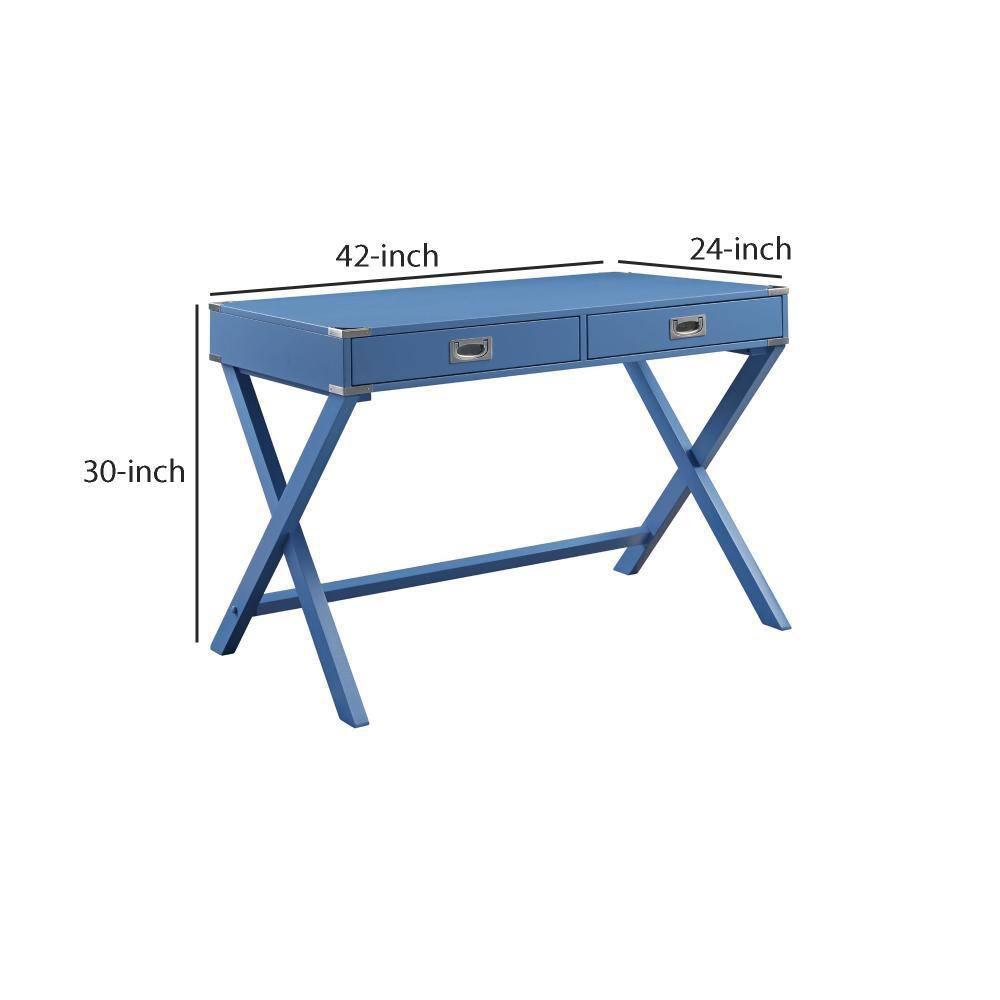 Furniture Modern Blue Writing Desk (24D x 42W x 30H, X-Shaped Base) - 2 Drawers