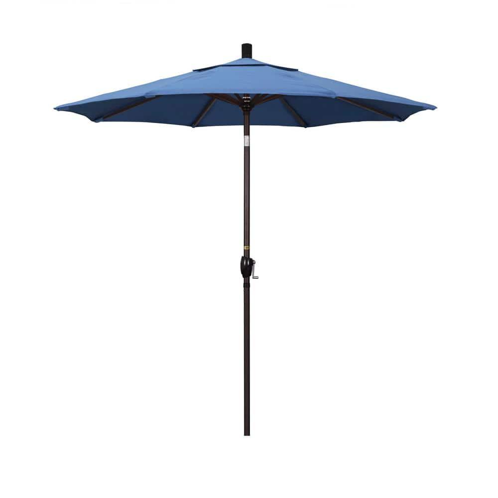 California Umbrella 7.5' Round Aluminum Market Umbrella, Crank Lift, Push Button Tilt, Bronze Pole, Olefin Frost Blue
