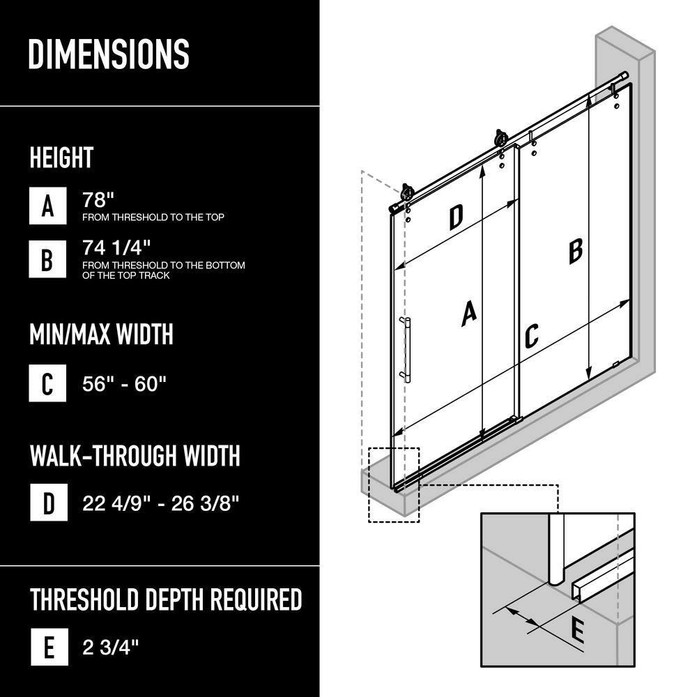 Hamilton 56-60" W x 78" H Sliding Frameless Shower Door with 3/8" Clear Glass