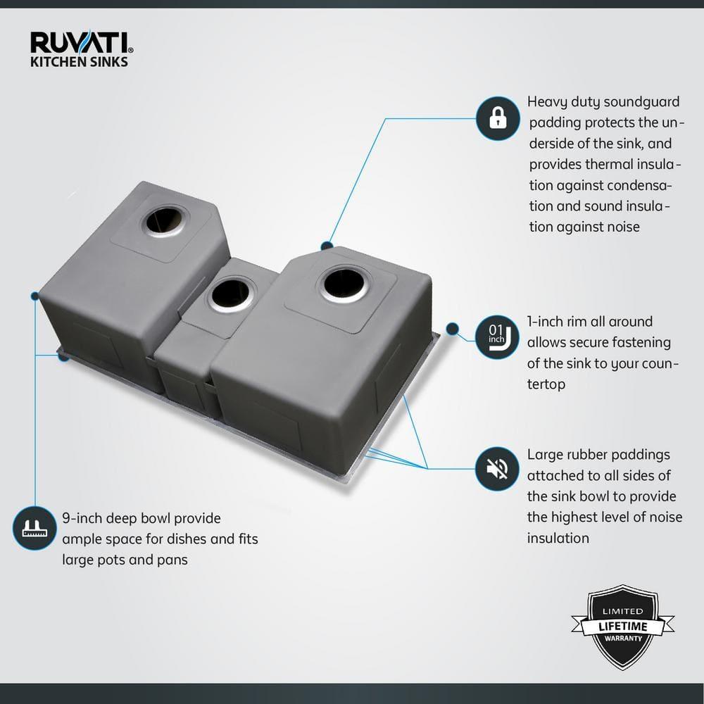 Ruvati 35" Triple Bowl Undermount 16 Gauge Stainless Steel Kitchen Sink