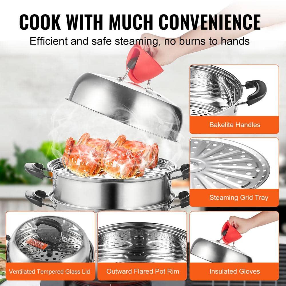 Stellweilan Tessberg Steamer Pot 11in/28cm, 3 Tier Steamer Pot for Cooking with 8.5QT Stock Pot, Vegetable Steamer & 2 Steaming Tray, Food-Grade 304 Stainless Steel Food Steamer Cookware for Gas Electric Stove Grill