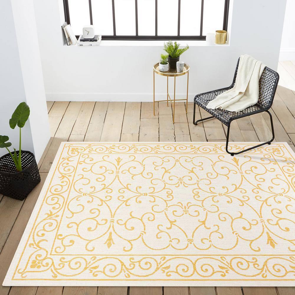 5' x 8' Charleston Vintage Filigree Textured Weave Indoor/Outdoor Area Rug, Cream/Yellow - JONATHAN Y