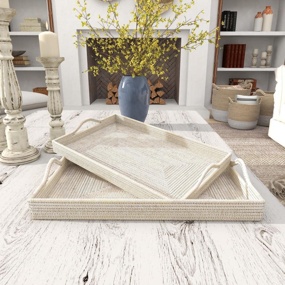 DecMode 26", 23"W Cream Rattan  Tray, 2-Pieces
