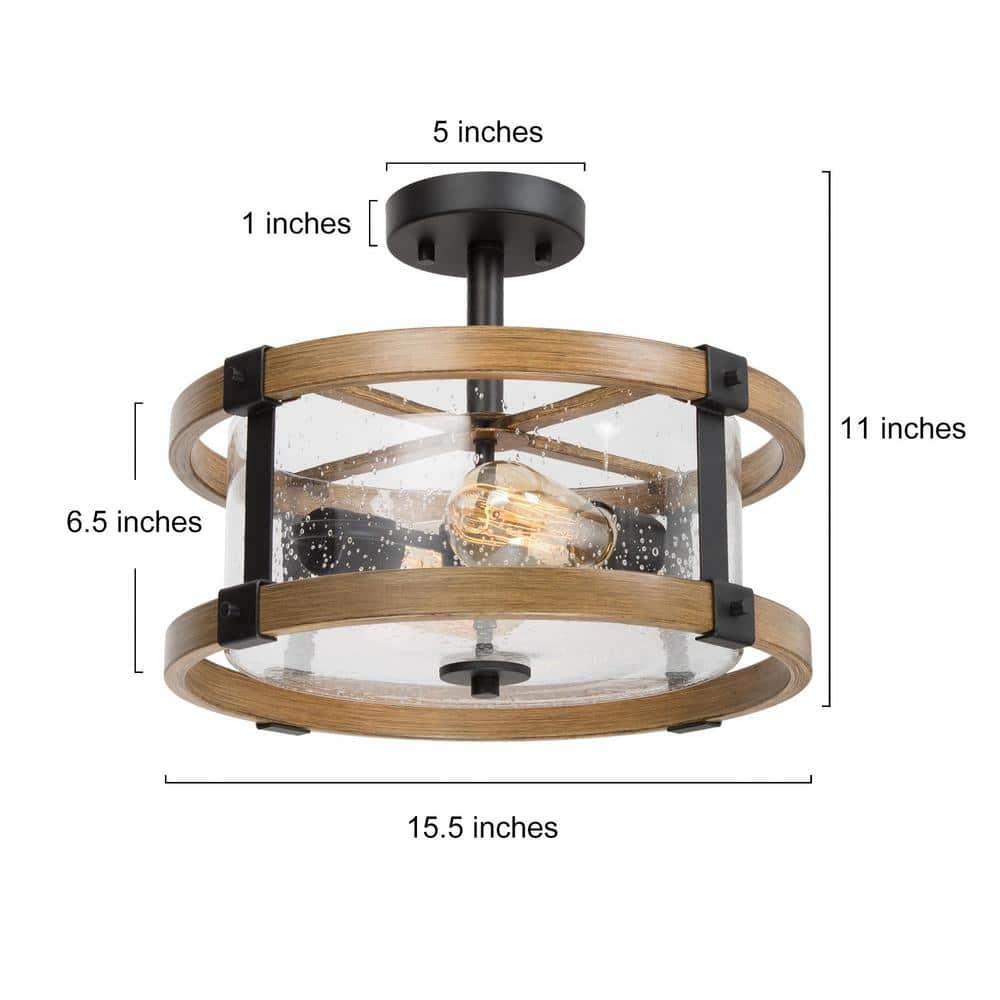 LNC Farmhouse 2-Light Semi-Flush Mount Light with Seeded Glass Shades 15",Brown Wood&Black