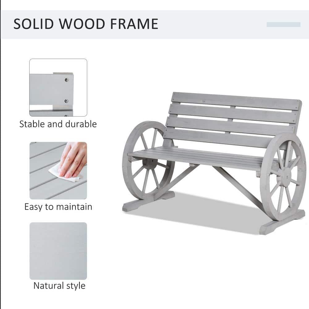 Outsunny Wooden Wagon Wheel Bench Rustic Outdoor Patio Furniture, 2-Person Seat Bench with Backrest Charcoal Gray