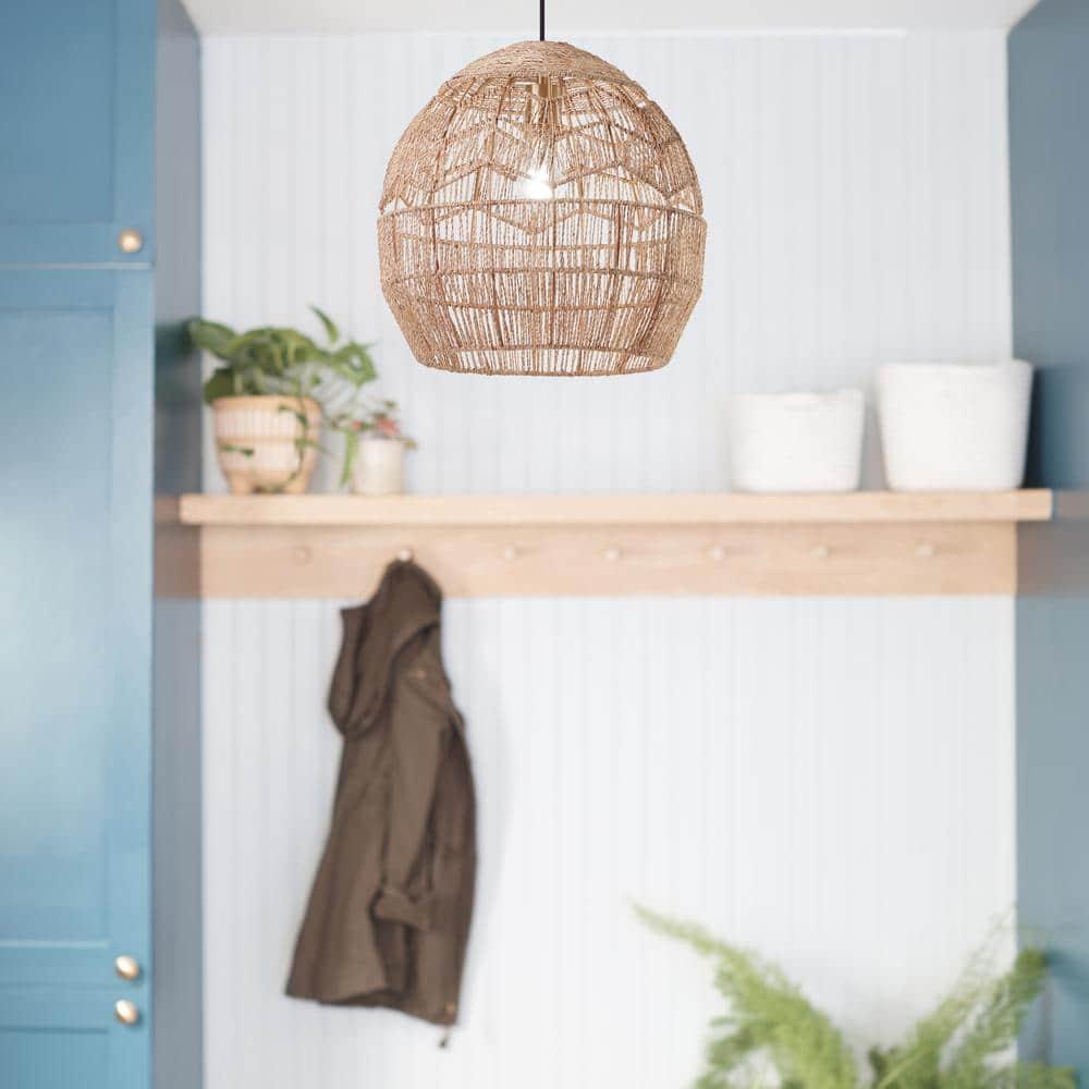 Mistana™ 15.5" Ames Metal and Woven Hemp Rope Hanging Pendant, Brown