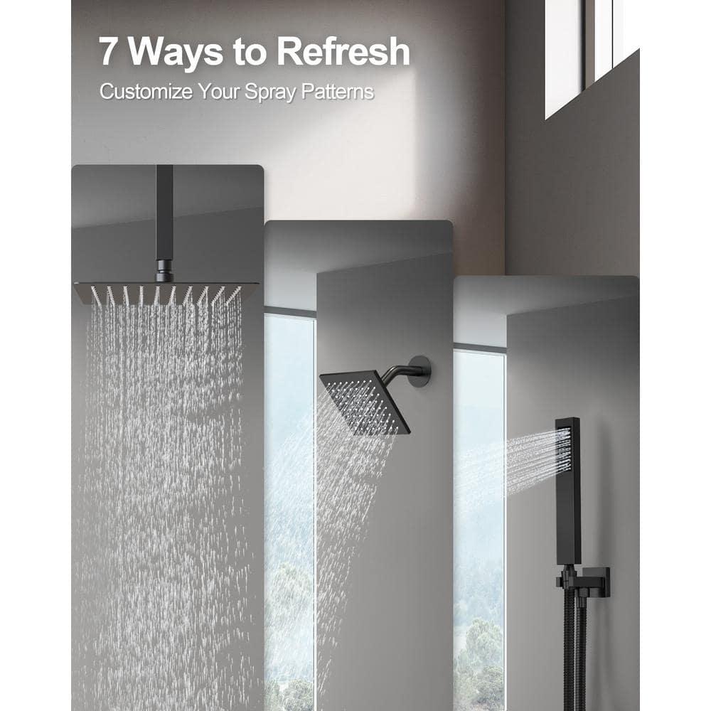 GRANDJOY Dual Wall Mount Rainfall Shower Head System Luxury Adjustable 12 inch & 6 inch Shower Faucet Set with Handheld Shower Spray Thermostatic Pressure Balance Value, Matte Black