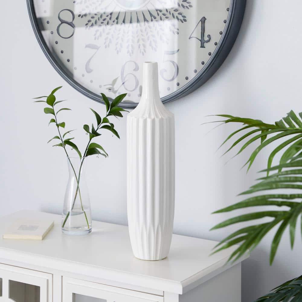 DecMode Modern Ceramic Tall White Decorative Vase with Vertical Groove Pattern 5"W x 19"H