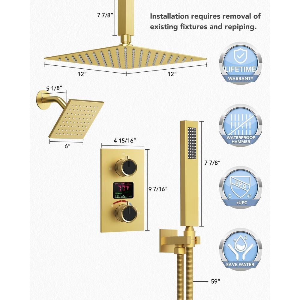 Pressure Balancing Shower Faucet 12" High-Pressure Dual Showerheads with LCD Display