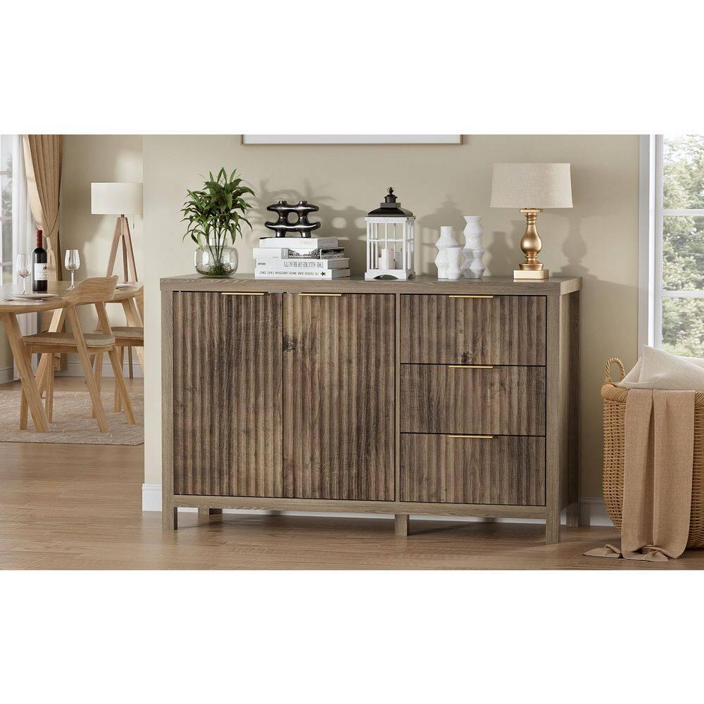 47" Brown MDF Wood Sideboard Buffet Cabinet with Grooved Doors and Drawers
