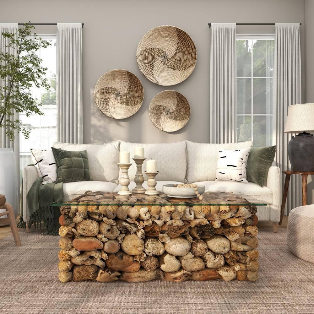 Millwood Pines Brown Wood Handmade Stacked Collage Coffee Table with Clear Glass Top