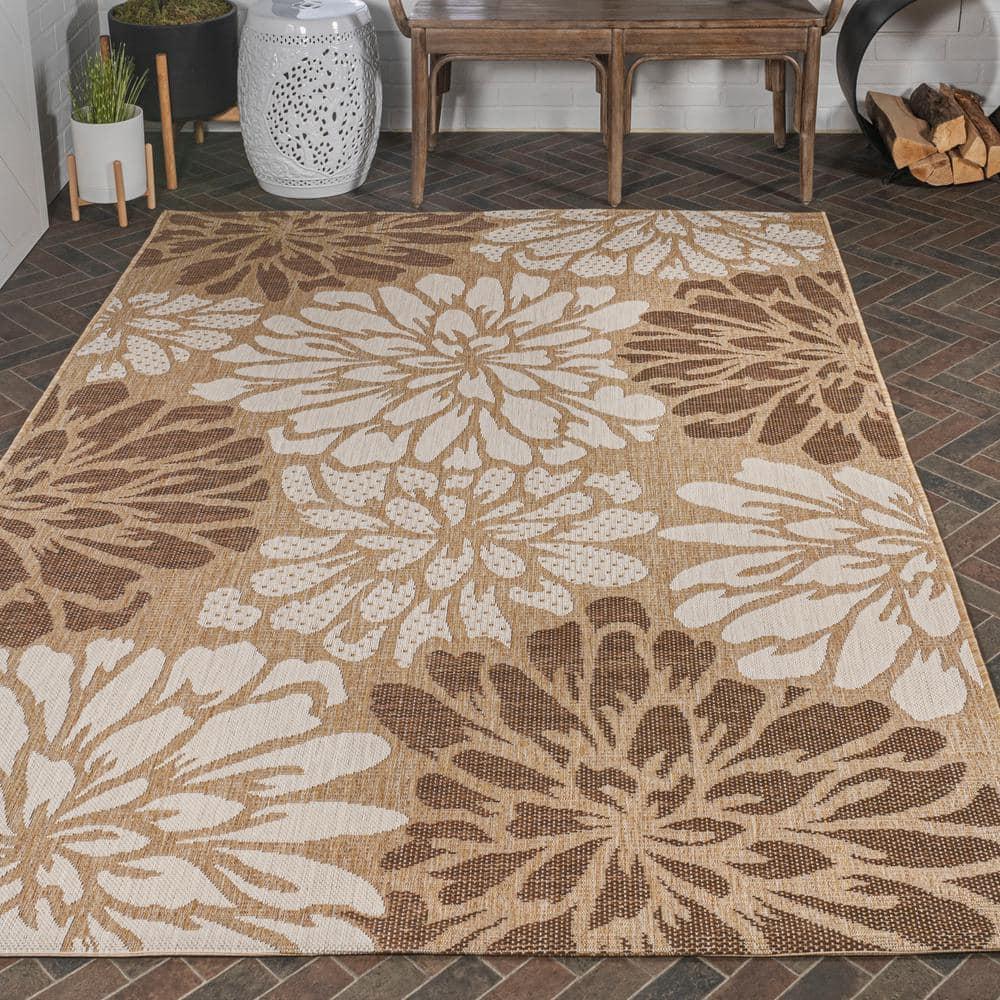 3' x 5' Zinnia Modern Floral Textured Weave Indoor/Outdoor Area Rug, Brown/Cream - JONATHAN Y