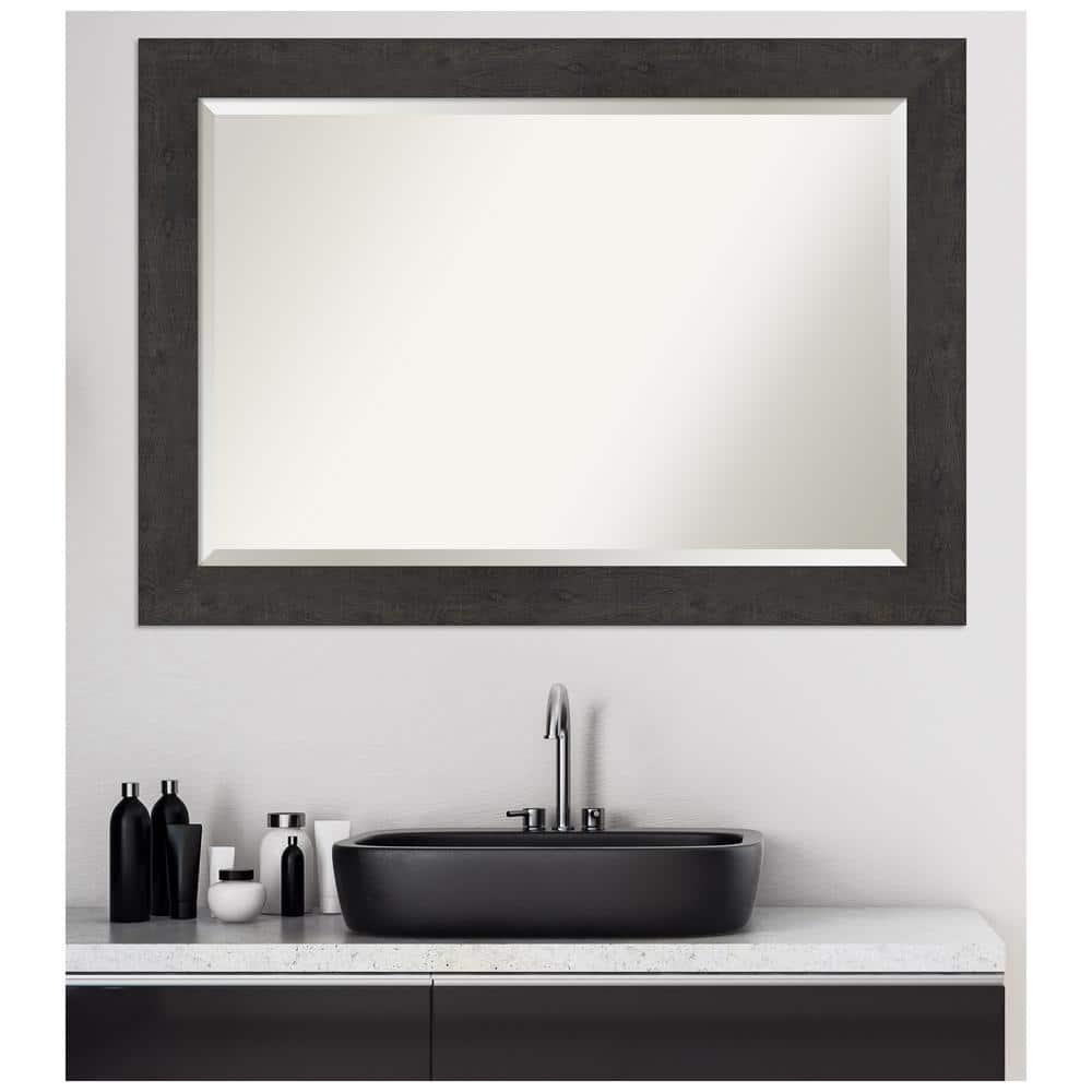 Amanti Art Beveled Bathroom Wall Mirror - Rustic Plank Espresso Frame Outer Size: 41 x 29 in