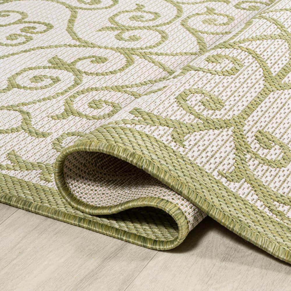 2' x 10' Madrid Vintage Filigree Textured Weave Indoor/Outdoor Runner Rug, Green/Cream - JONATHAN Y