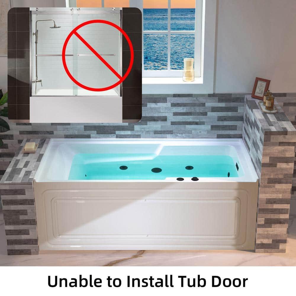 60" x 30" Whirlpool Heated Rectangular Alcove Acrylic Bathtub with Chrome/Matte Black Drain and Overflow