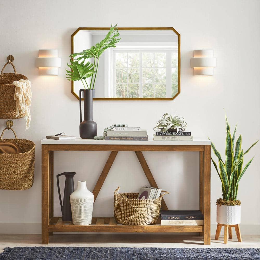 Walker Edison Modern Farmhouse Faux Marble and Walnut Entryway Table, Faux White Marble/Walnut