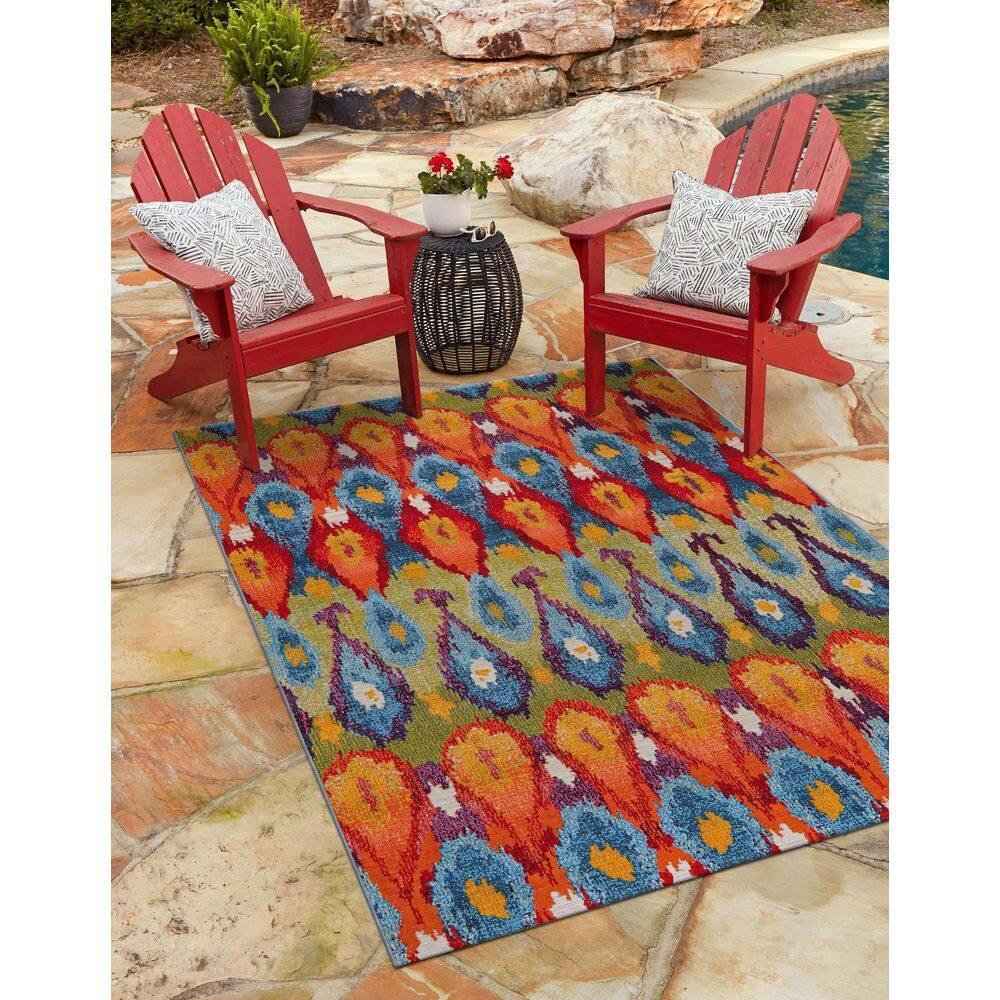 Unique Loom Outdoor Modern Collection Area Rug - Ikat (4' 1" x 6' 1" Rectangle Multi/Burgundy)