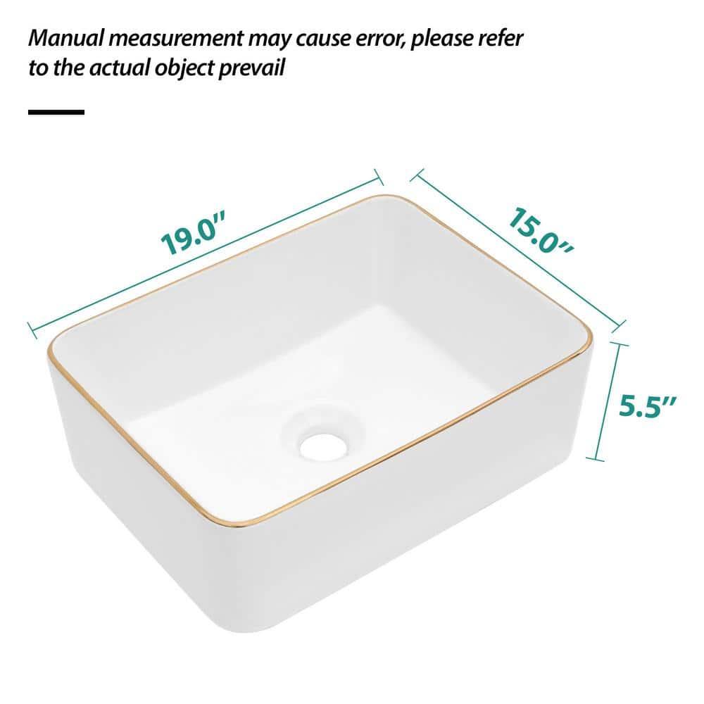19 x 15 Inch Ceramic Rectangular Vessel Bathroom Sink Above Counter White Sink Bathroom Vessel Sink