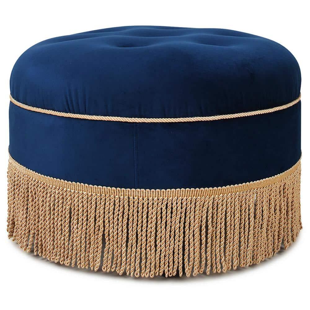 Jennifer Taylor Home Yolanda Upholstered Round Accent Ottoman, Navy Blue Velvet with Gold Trim