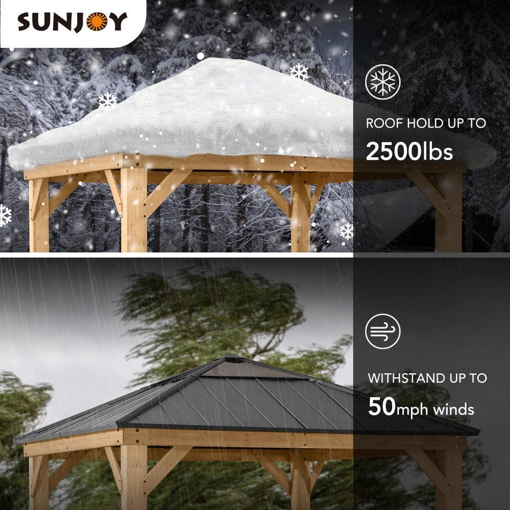 Sunjoy Paula Outdoor Patio 11 ft. x 11 ft. Cedar Framed Gazebo with Black Steel and Polycarbonate Hip Roof Hardtop