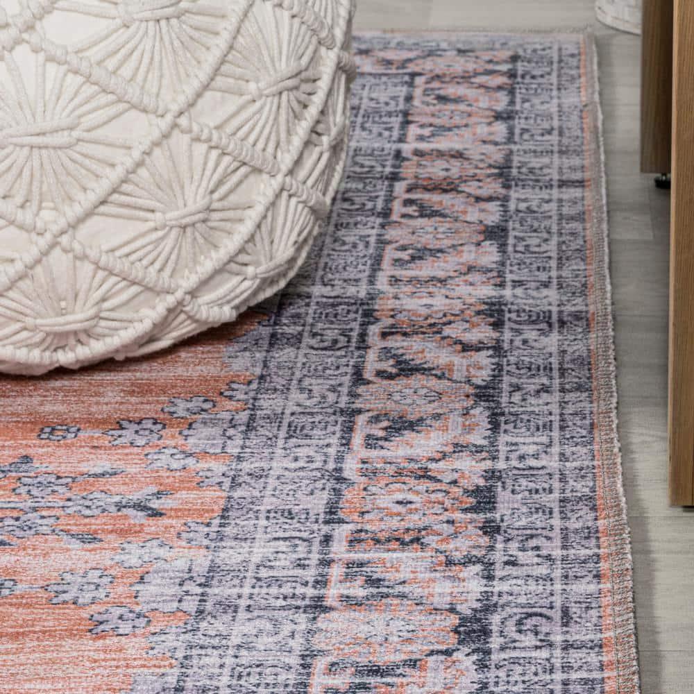 Wincer Chenille Cottage Medallion Machine-Washable Orange/Gray 5 ft. x 8 ft. Area Rug - JONATHAN Y