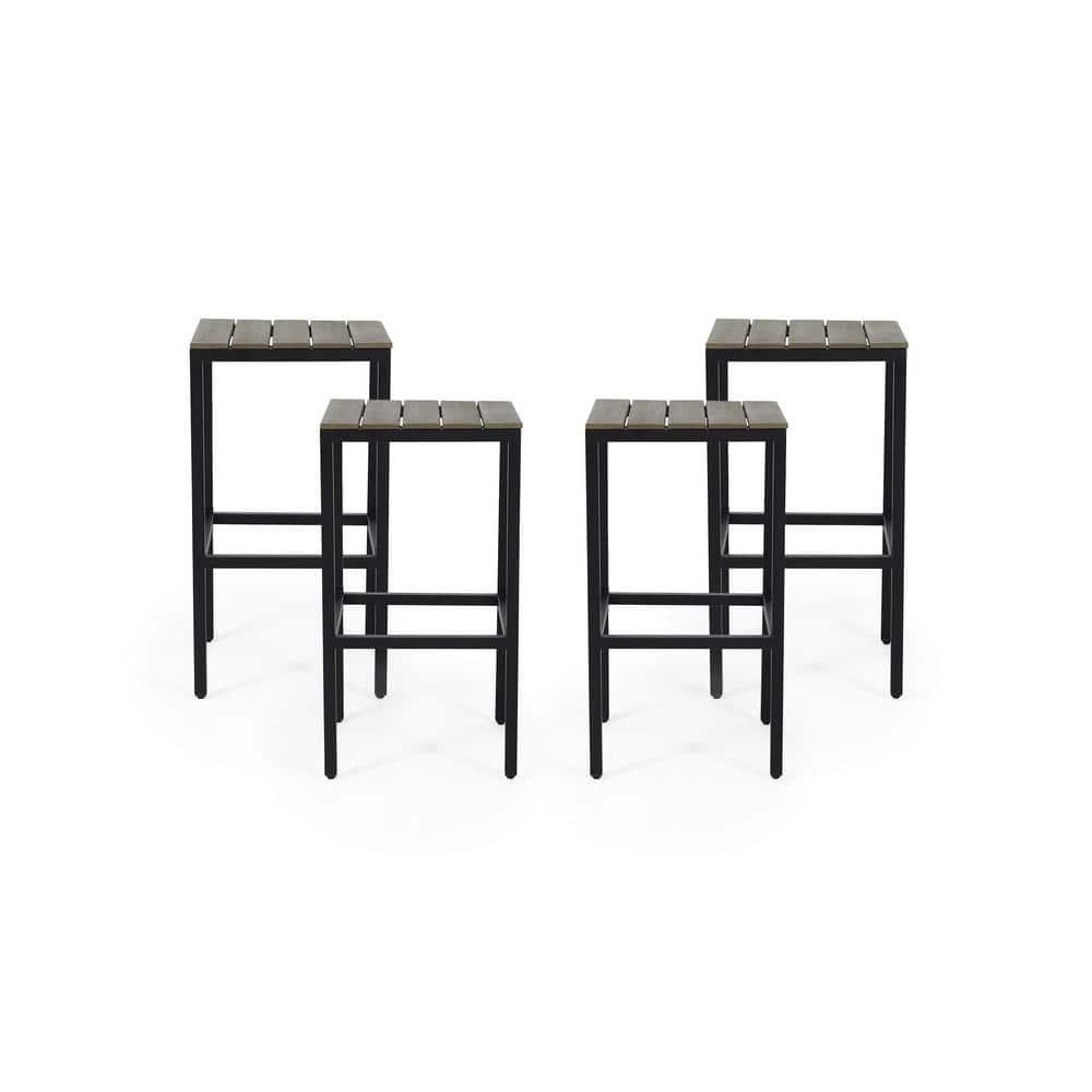 Alan Outdoor Modern Industrial Acacia Wood Bar Stools, Set of 4, Gray, Black