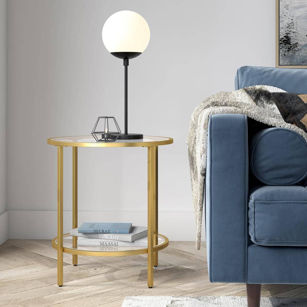 Evelyn&Zoe Sivil 20" Wide Round Side Table with Glass Shelf, Brass
