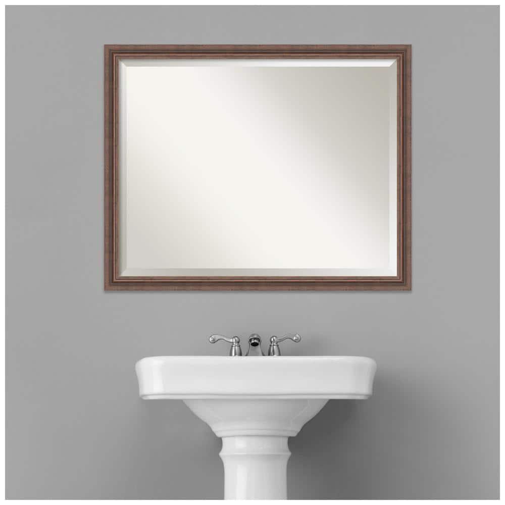 Amanti Art Distressed Rustic Brown Beveled Wood Bathroom Wall Mirror 24.5 x 30.5 in.