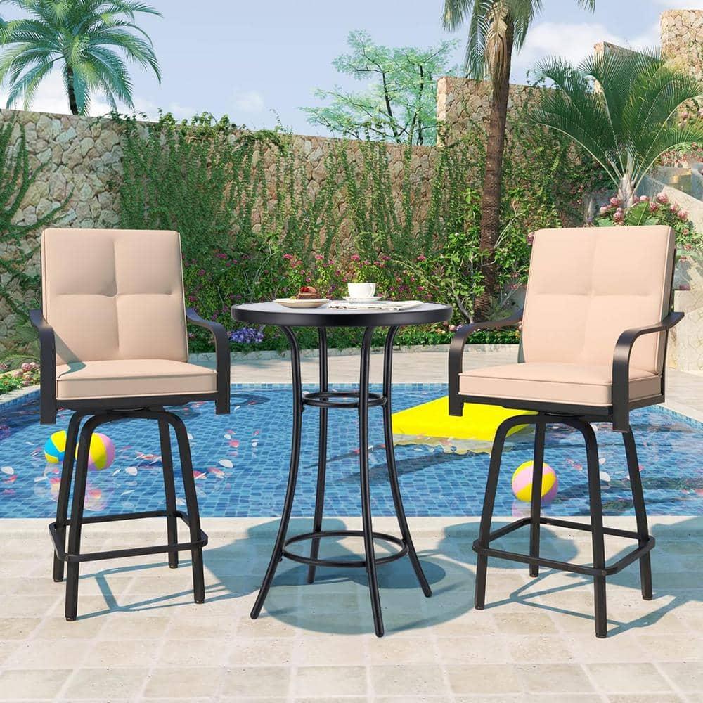 Bar Height Patio Glass Table, 2-Tier High Top Outdoor Metal All-Weather Round Bistro Table With Tempered Glass Top for Balcony Backyard Pool, Black