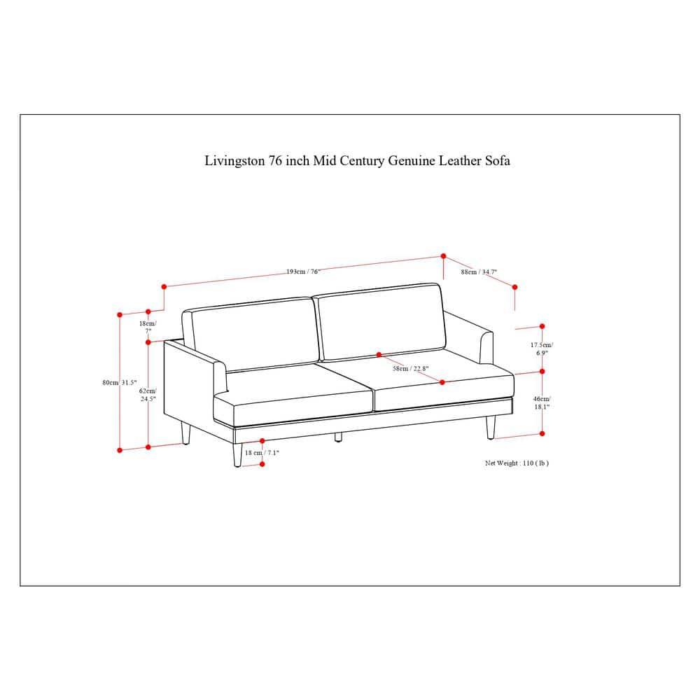 Simpli Home Livingston Top Grain Genuine Leather Mid-Century Modern Sofa With Solid Wood Frame For Living Room
