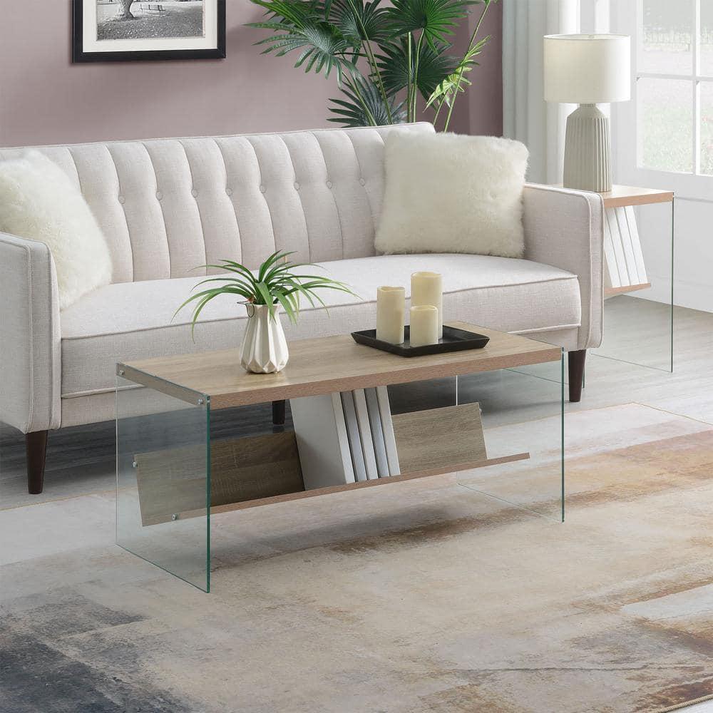 Convenience Concepts SoHo Glass Coffee Table with Shelf, Weathered White/Glass