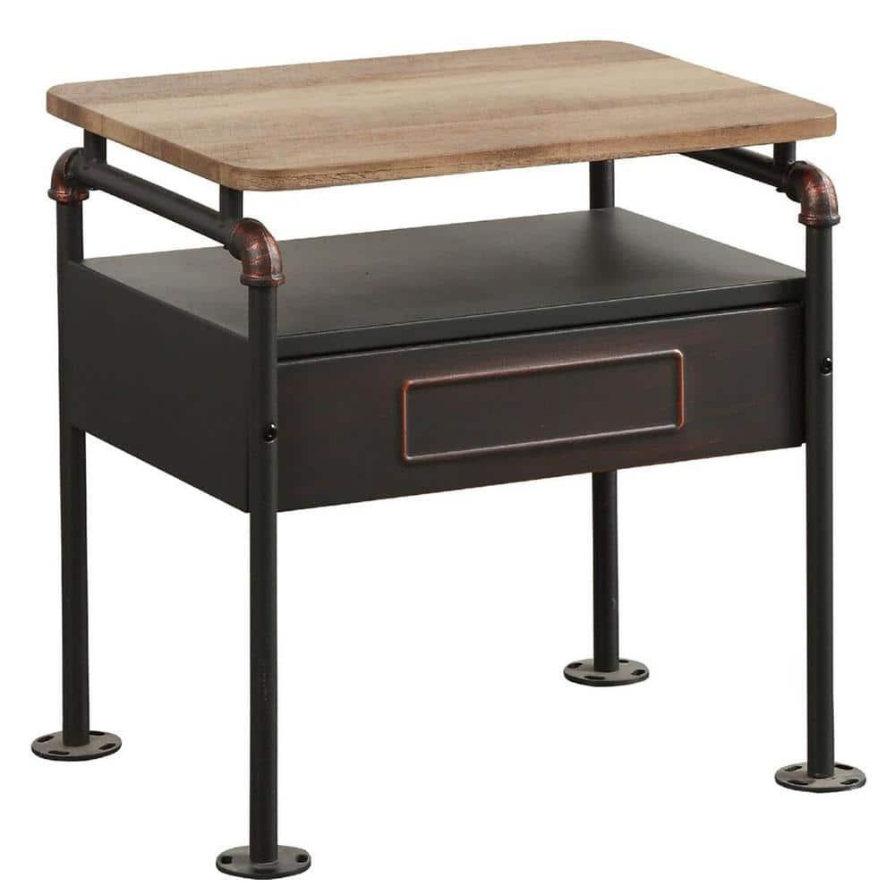 Industrial Pipe Detailed Nightstand With One Drawer And One Shelf, Antique Oak and Sandy Grey- Saltoro Sherpi