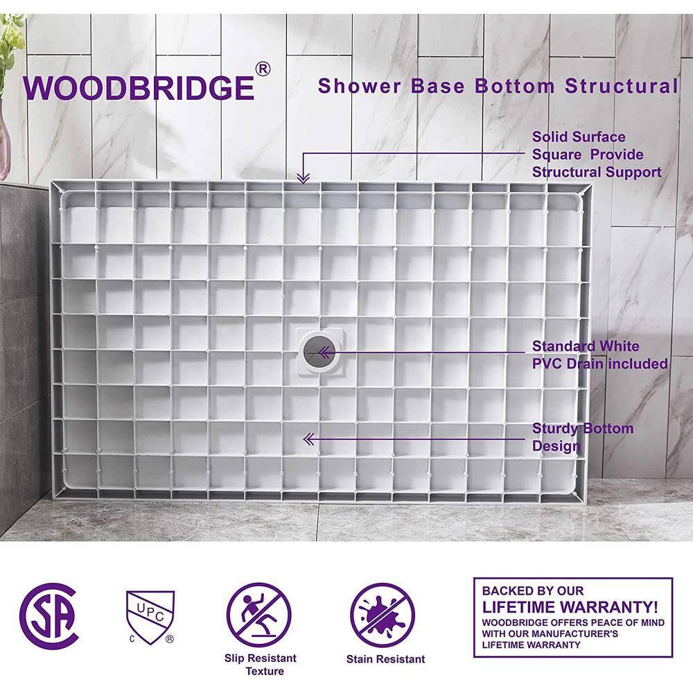 60" x 36" Solid Surface Single Threshold Shower Pan Base with Drain Assembly & Drain Cover Included, Non-Slip