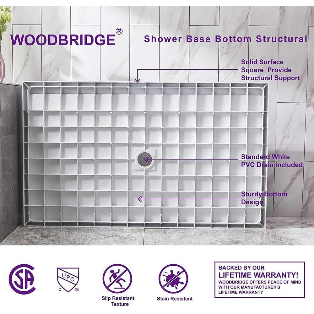 60" x 36" Solid Surface Single Threshold Shower Pan Base with Drain Assembly & Drain Cover Included, Non-Slip