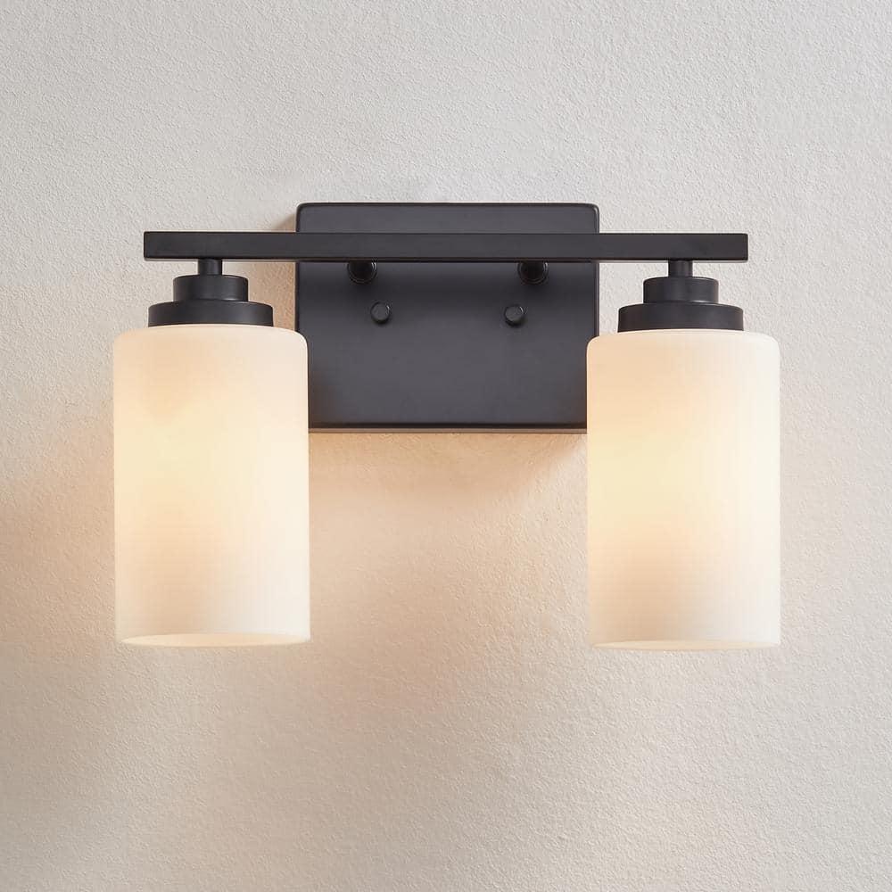 KAWOTI 2-Light Dimmable Bathroom Vanity Light with Frosted White Glass Black
