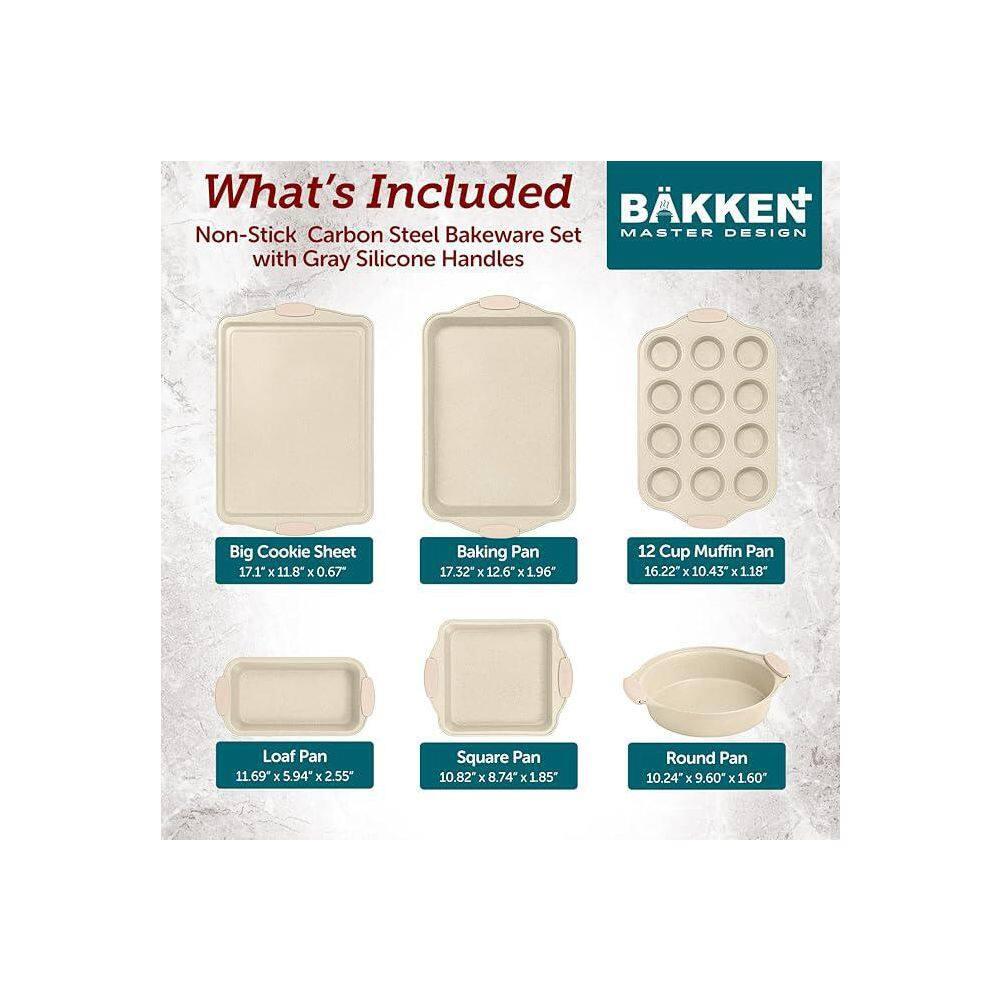 BAKKEN 6-Piece Deluxe Nonstick Baking Pan Set - Professional Grade Carbon Steel Bakeware with White Marble Coating & Silicone Handles