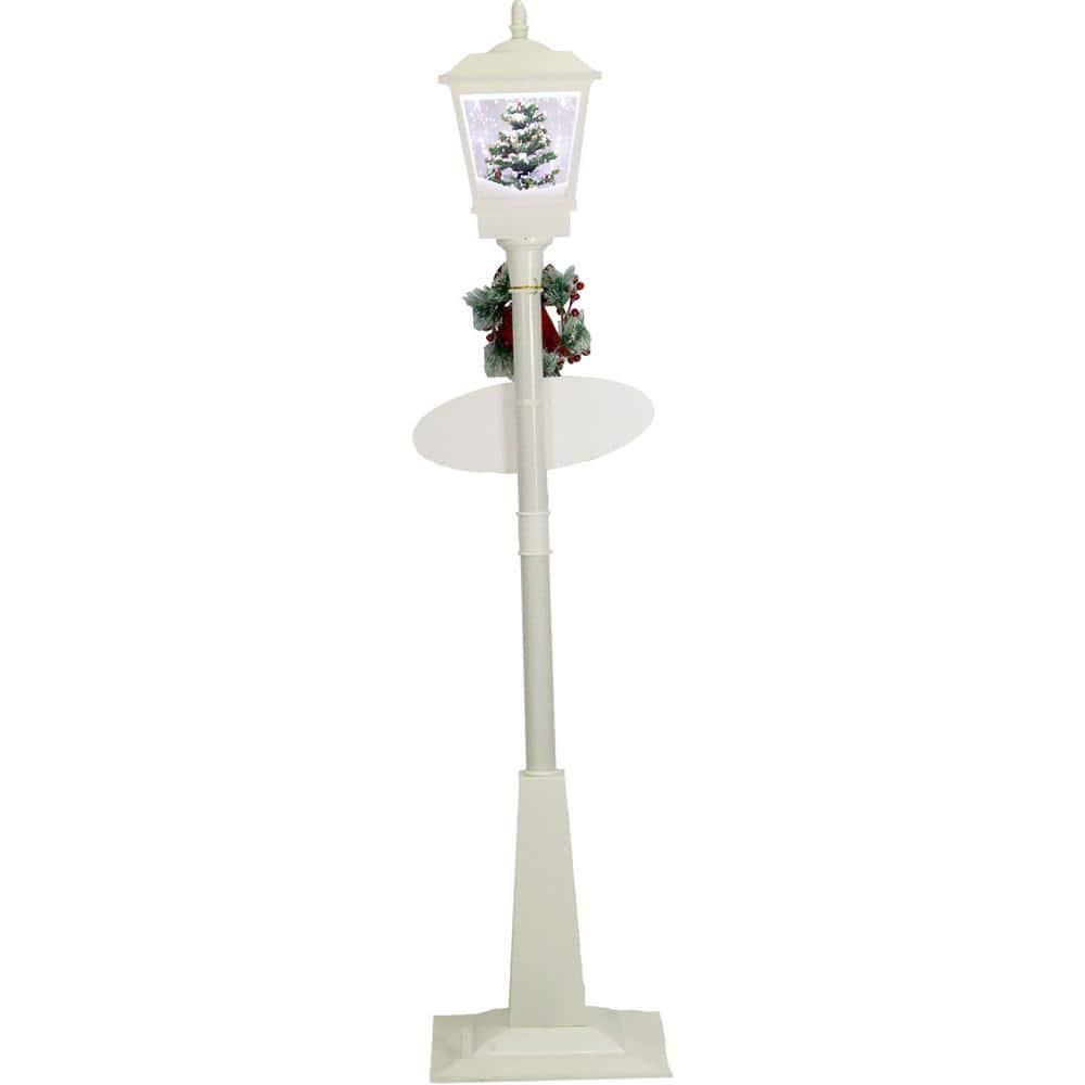 Christmas Time 71-In. Musical Snowy Street Lamp | Christmas Tree Scene, 2 Signs, Cascading Snow, and Holiday Songs | White | CT-SL071A-WHT