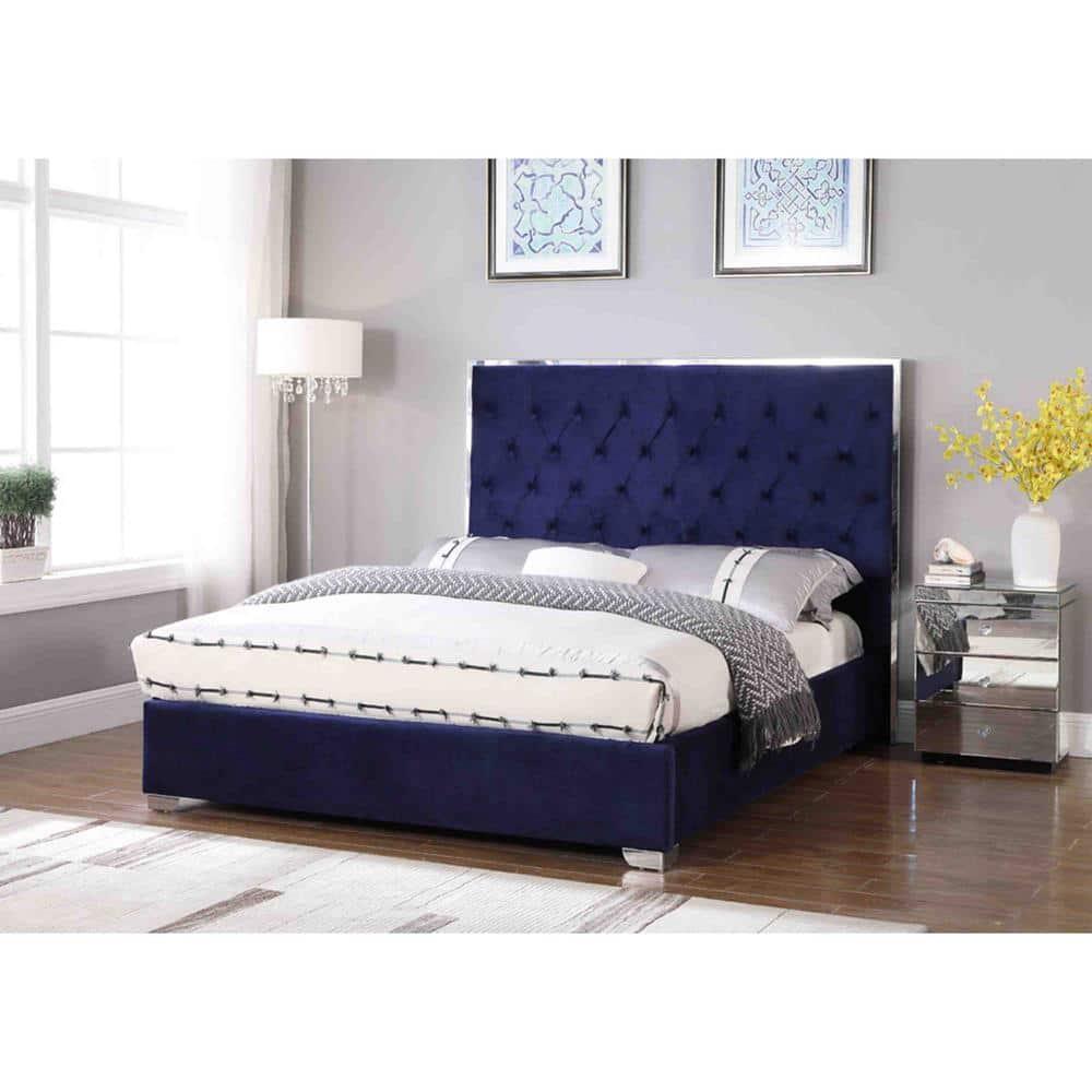 Best Master Furniture Natasha Eastern King Velvet Platform Bed, Blue