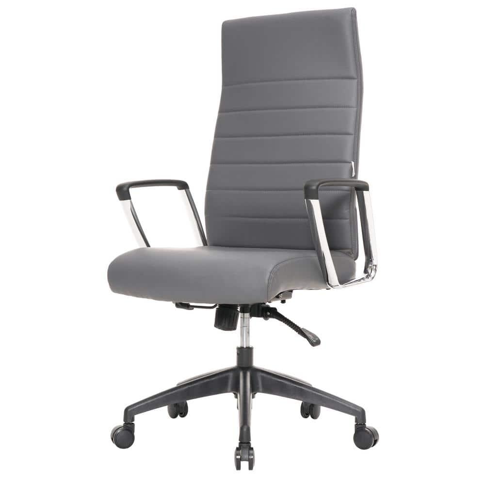 LeisureMod Hilton High-Back Adjustable Office Conference Chair Upholstered in Leather with Steel Frame in Grey